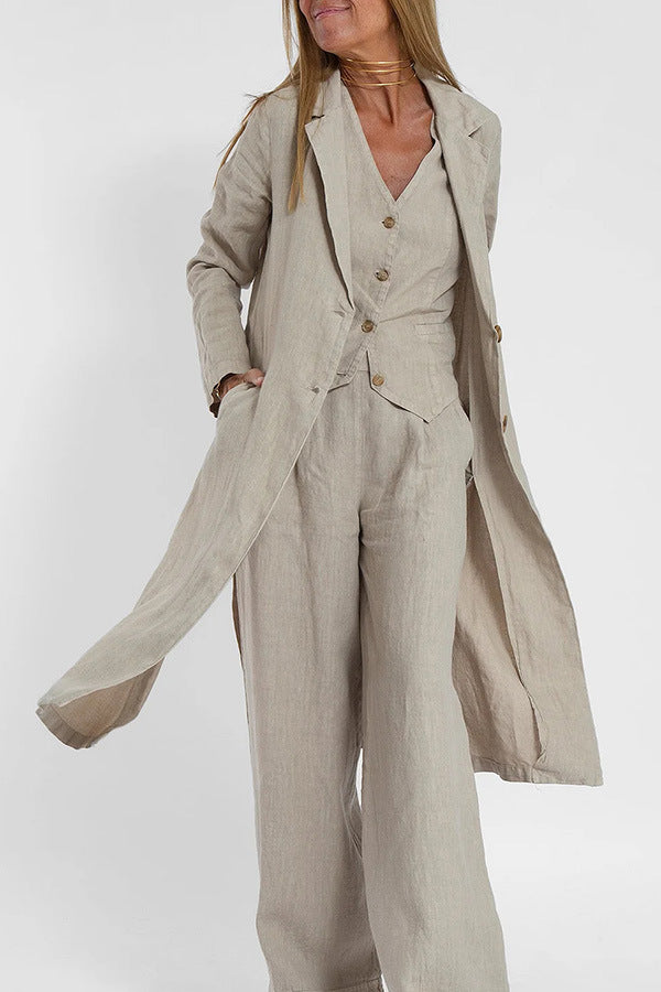 Casual Women's Cotton Linen Trench Coat with Pockets