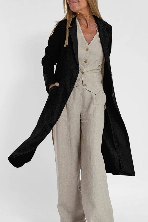 Casual Women's Cotton Linen Trench Coat with Pockets