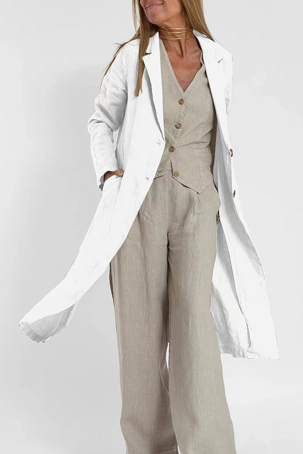 Casual Women's Cotton Linen Trench Coat with Pockets