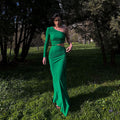 Oblique Shoulder Pleated Midriff Split Dress Fashion