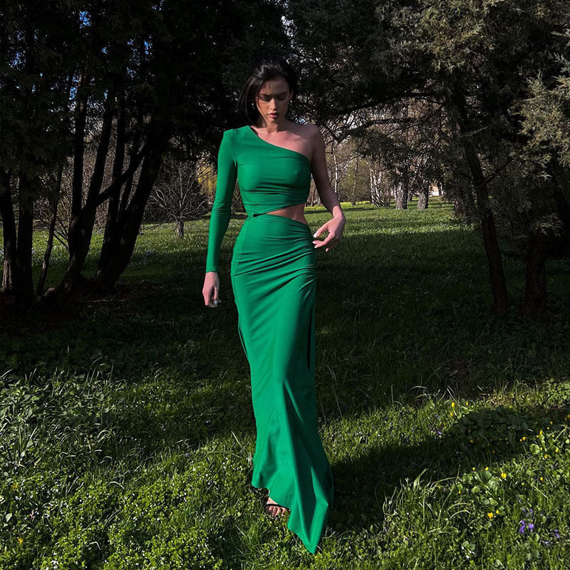 Oblique Shoulder Pleated Midriff Split Dress Fashion