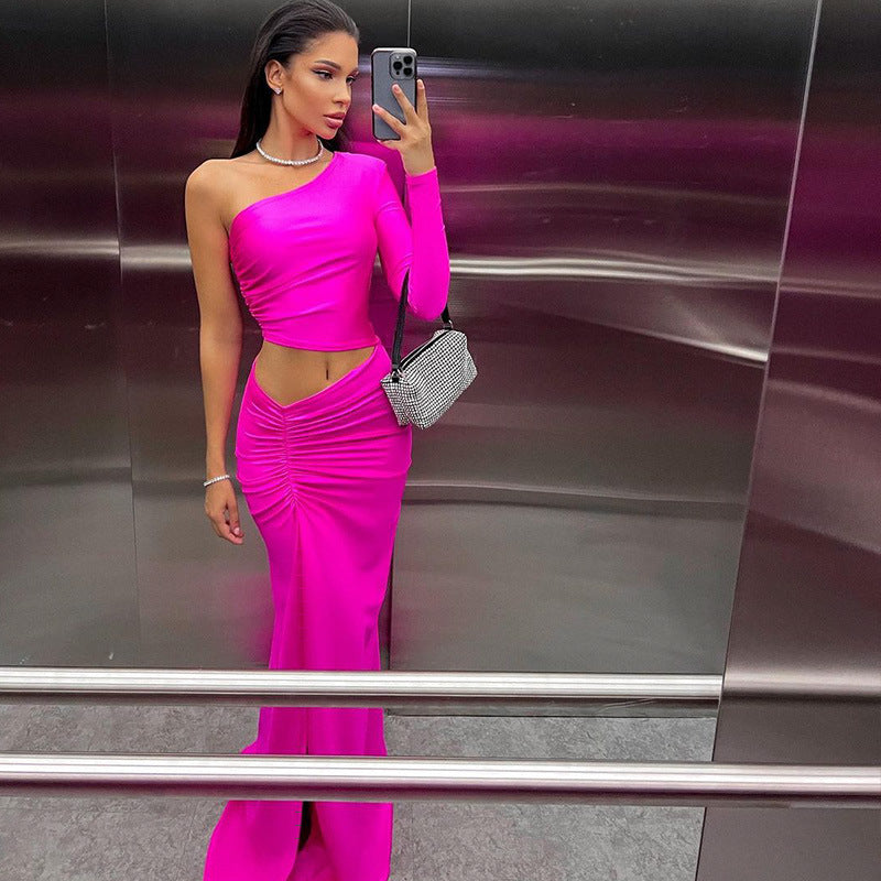 Oblique Shoulder Pleated Midriff Split Dress Fashion